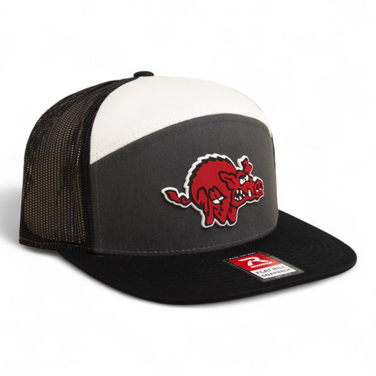 Arkansas Razorbacks 1970’s Classic 3D Snapback Seven-Panel Flat Bill Trucker Hat- Charcoal/ White/ Black