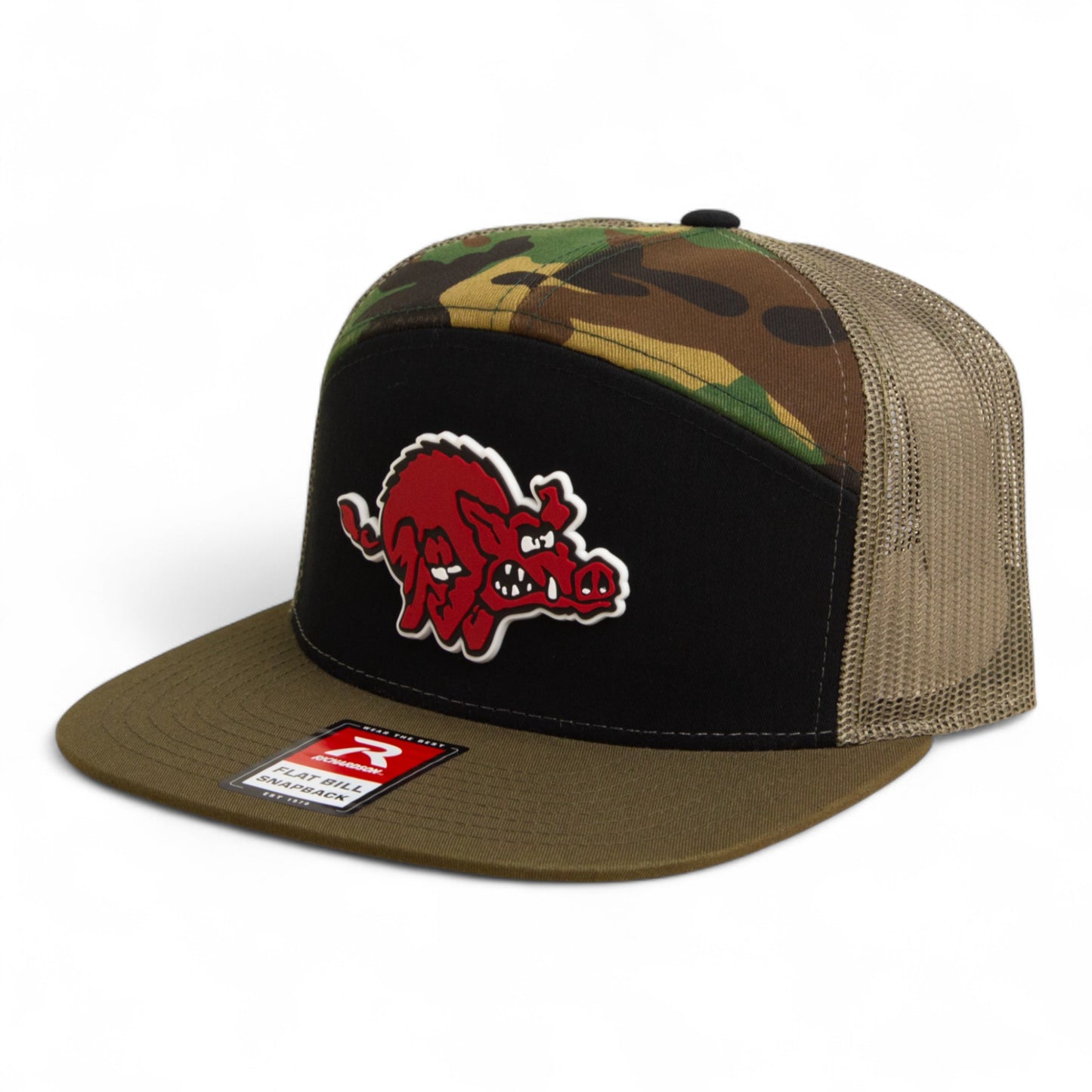 Arkansas Razorbacks 1970’s Classic 3D Snapback Seven-Panel Flat Bill Trucker Hat- Black/ Loden/ Camo