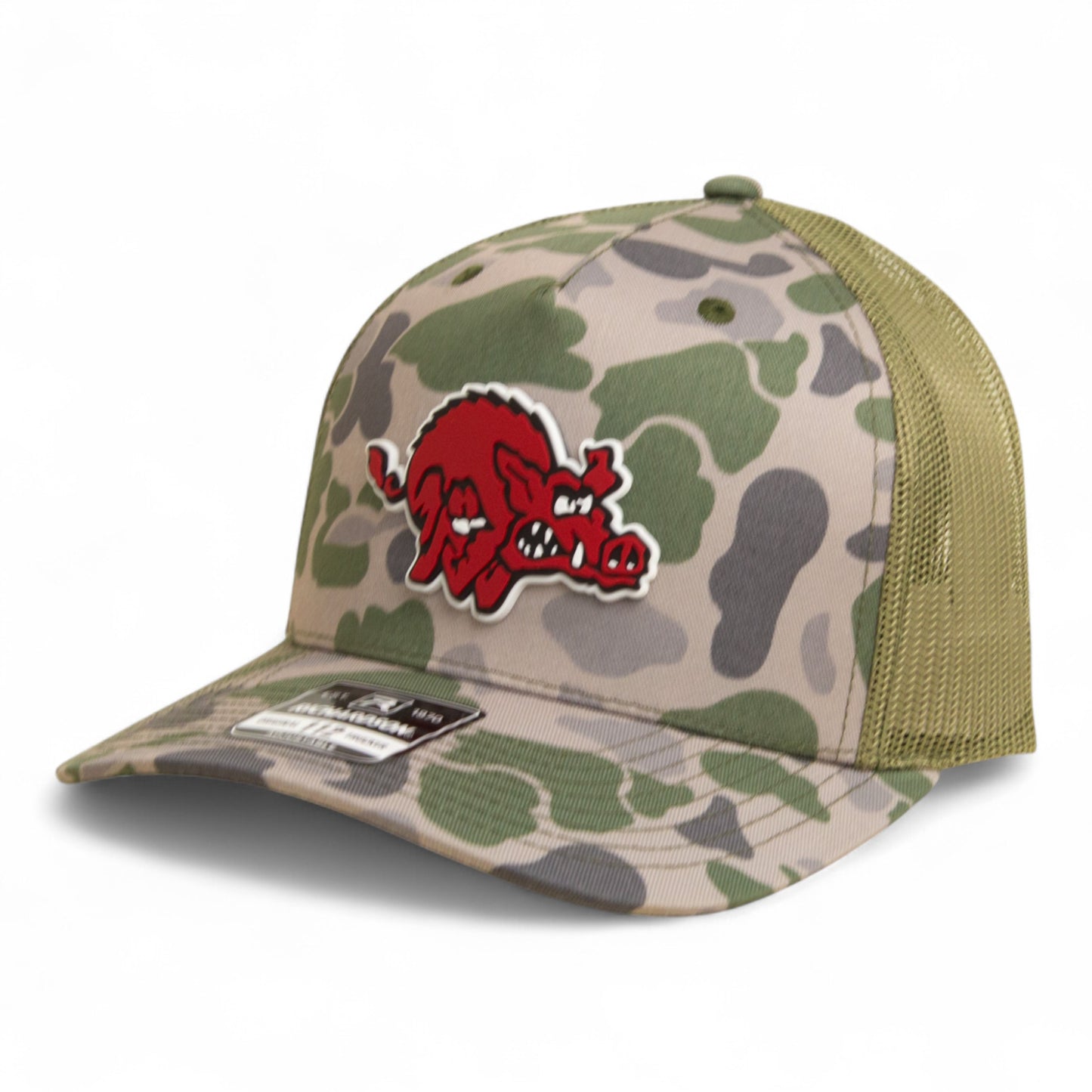 Arkansas Razorbacks 1970’s Classic 3D Snapback Trucker Hat- Marsh Duck Camo/ Loden