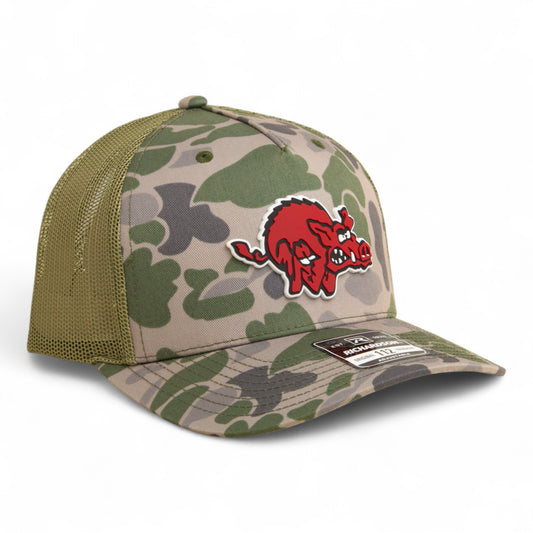 Arkansas Razorbacks 1970’s Classic 3D Snapback Trucker Hat- Marsh Duck Camo/ Loden