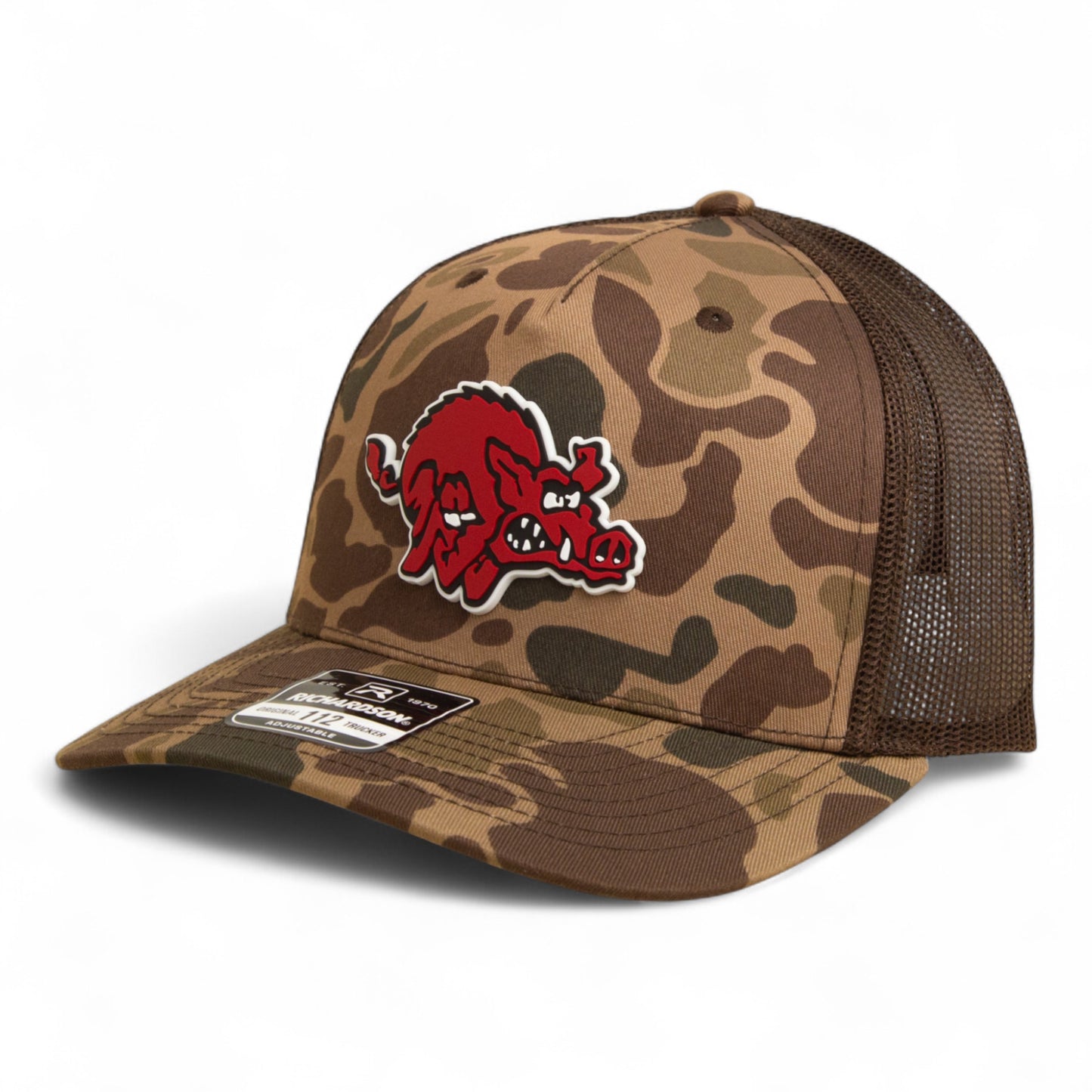 Arkansas Razorbacks 1970’s Classic 3D Snapback Trucker Hat- Bark Duck Camo/ Brown