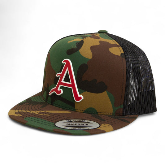 Arkansas Razorbacks Baseball Script A 2025 College World Series 3D YP Snapback Flat Bill Trucker Hat- Army Camo/ Black