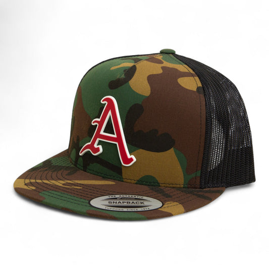 Arkansas Razorbacks Baseball Script A 3D YP Snapback Flat Bill Trucker Hat- Army Camo/ Black