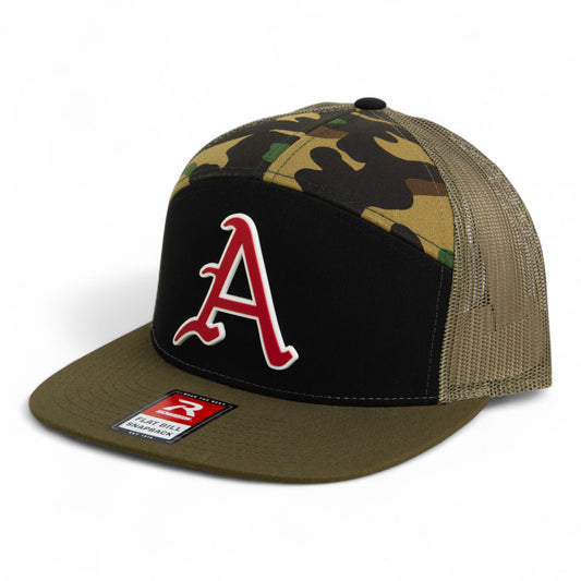Arkansas Razorbacks Baseball Script A 2025 College World Series 3D Snapback Seven-Panel Flat Bill Trucker Hat- Black/ Camo/ Loden