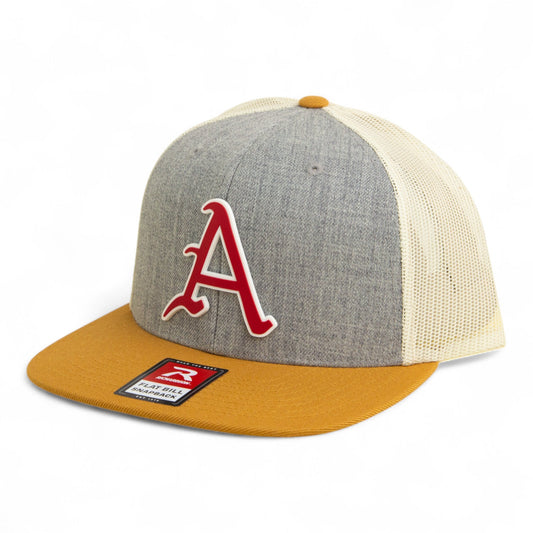 Arkansas Razorbacks Baseball Script A 3D Wool Blend Flat Bill Hat- Heather Grey/ Birch/ Biscuit