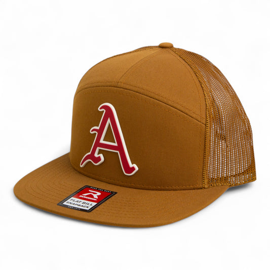 Arkansas Razorbacks Baseball Script A 2025 College World Series 3D Snapback Seven-Panel Flat Bill Trucker Hat- Caramel