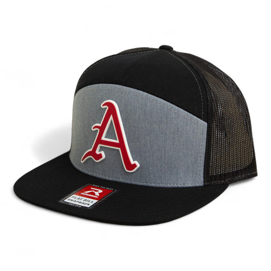 Arkansas Razorbacks Baseball Script A 3D Snapback Seven-Panel Flat Bill Trucker Hat- Heather Grey/ Black
