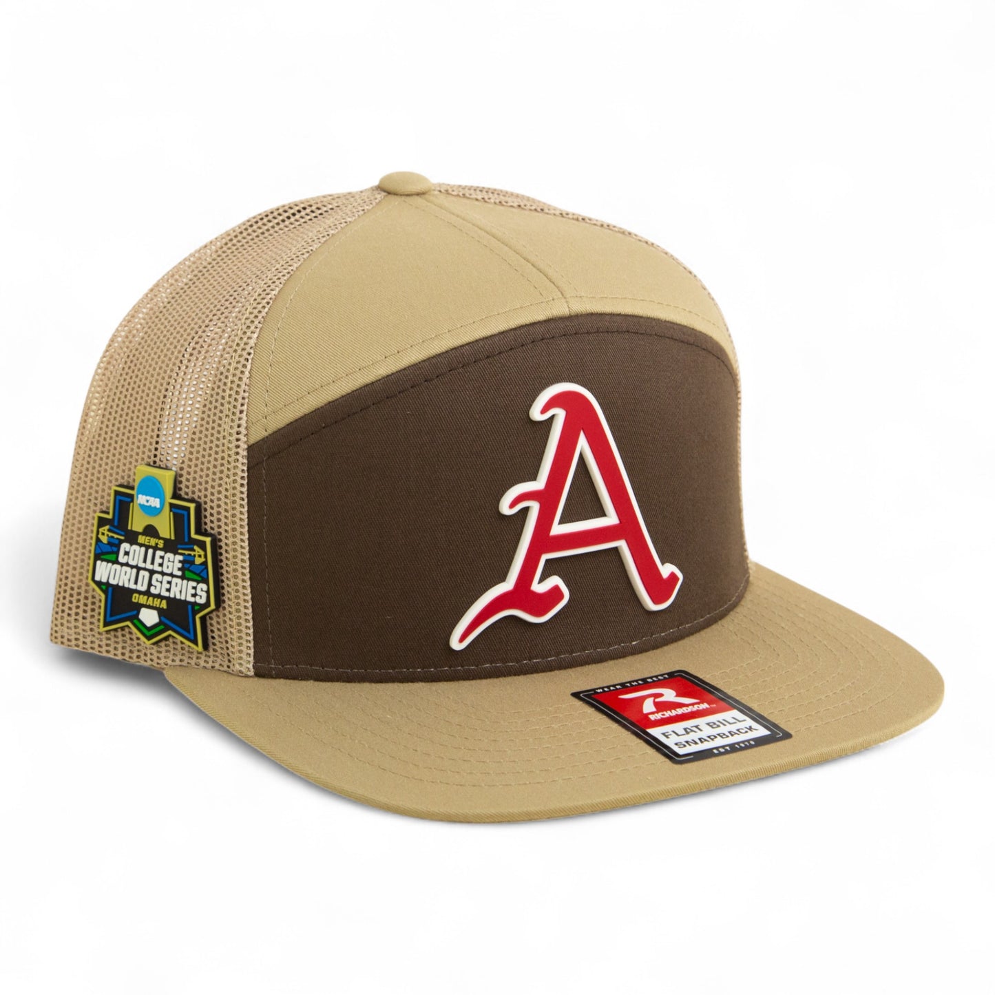 Arkansas Razorbacks Baseball Script A 2025 College World Series 3D Snapback Seven-Panel Flat Bill Trucker Hat- Brown/ Tan