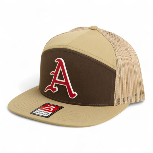 Arkansas Razorbacks Baseball Script A 2025 College World Series 3D Snapback Seven-Panel Flat Bill Trucker Hat- Brown/ Tan