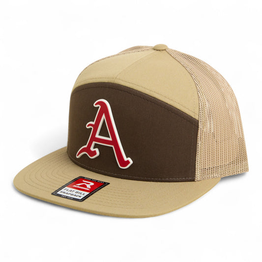 Arkansas Razorbacks Baseball Script A 3D Snapback Seven-Panel Flat Bill Trucker Hat- Brown/ Tan