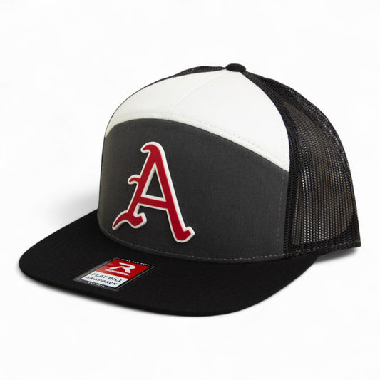 Arkansas Razorbacks Baseball Script A 3D Snapback Seven-Panel Flat Bill Trucker Hat- Charcoal/ White/ Black