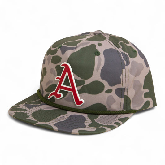Arkansas Razorbacks Baseball Script A 2025 College World Series 3D Umpqua Rope Hat- Marsh Duck Camo/ Olive Green