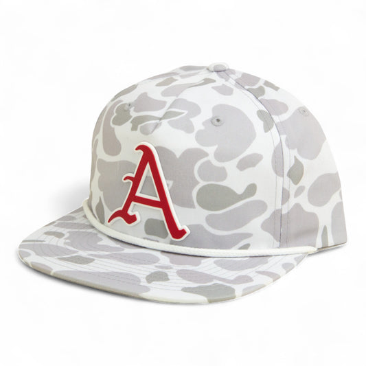 Arkansas Razorbacks Baseball Script A 2025 College World Series 3D Umpqua Rope Hat- Blizzard Duck Camo/ White