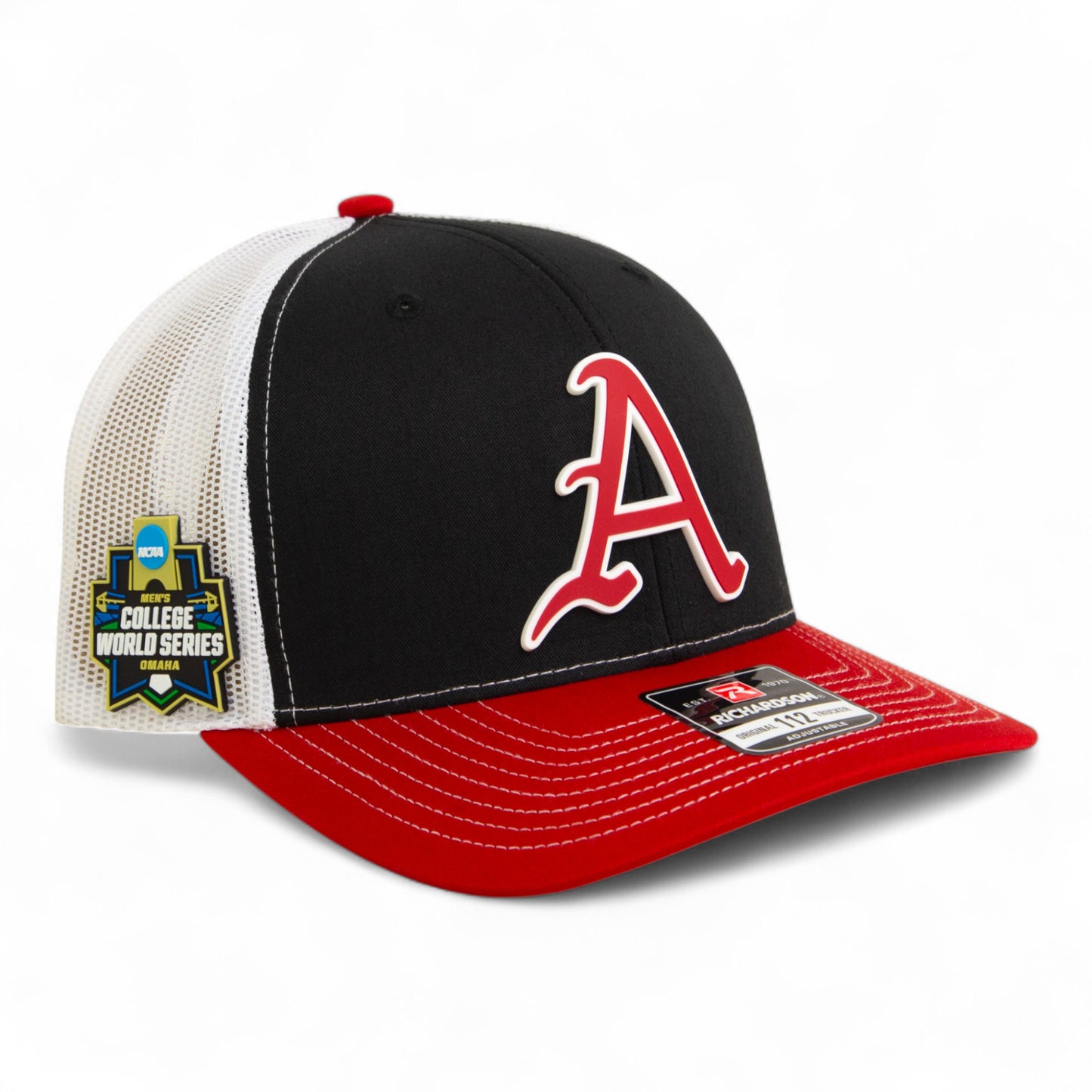 Arkansas Razorbacks Baseball Script A 2025 College World Series 3D Snapback Trucker Hat- Black/ White/ Red