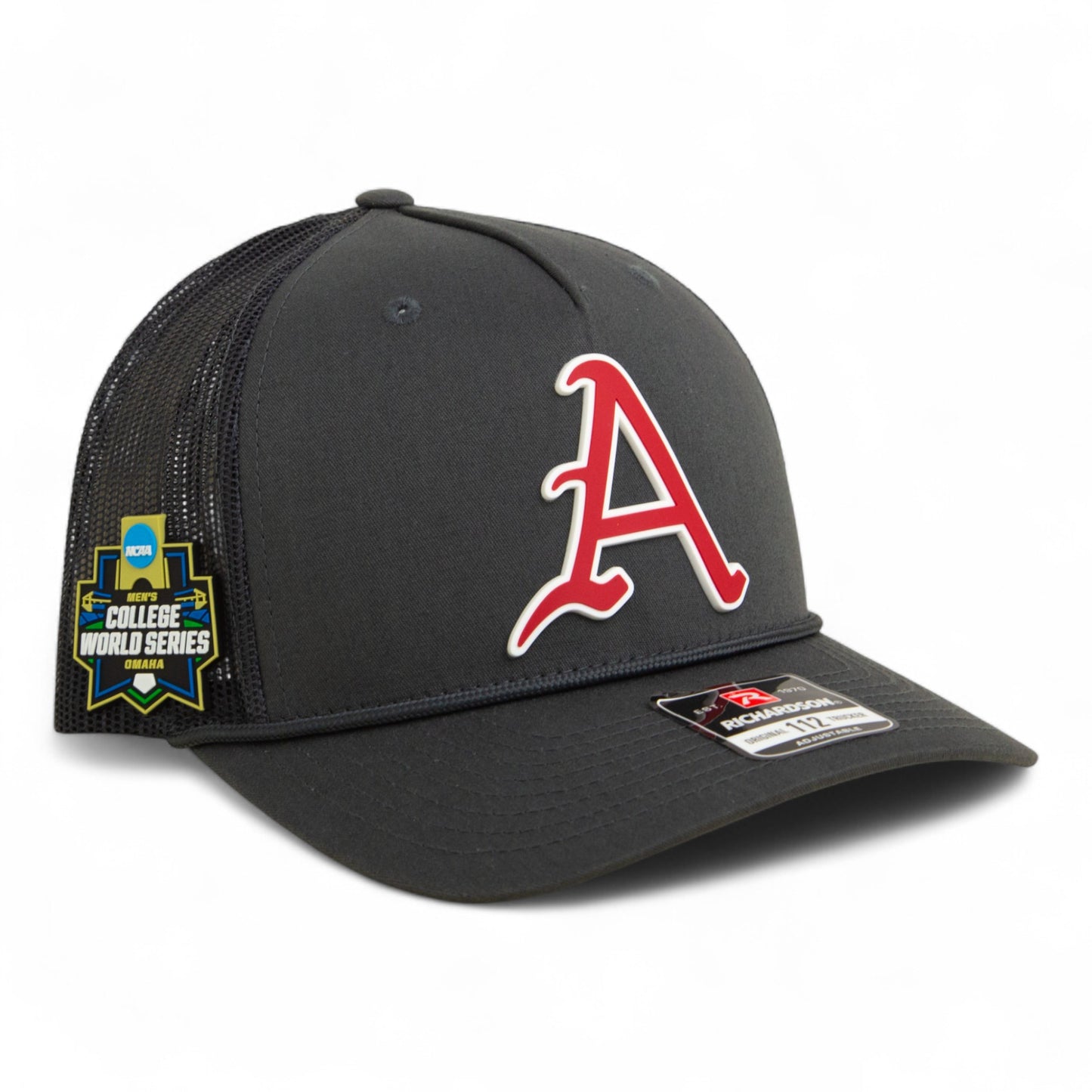 Arkansas Razorbacks Baseball Script A 2025 College World Series 3D Snapback Trucker Rope Hat- Charcoal