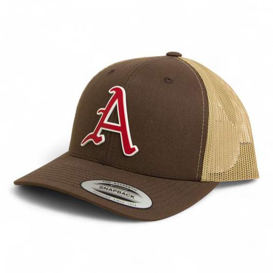 Arkansas Razorbacks Baseball Script A 2025 College World Series 3D YP Snapback Trucker Hat- Brown/ Tan