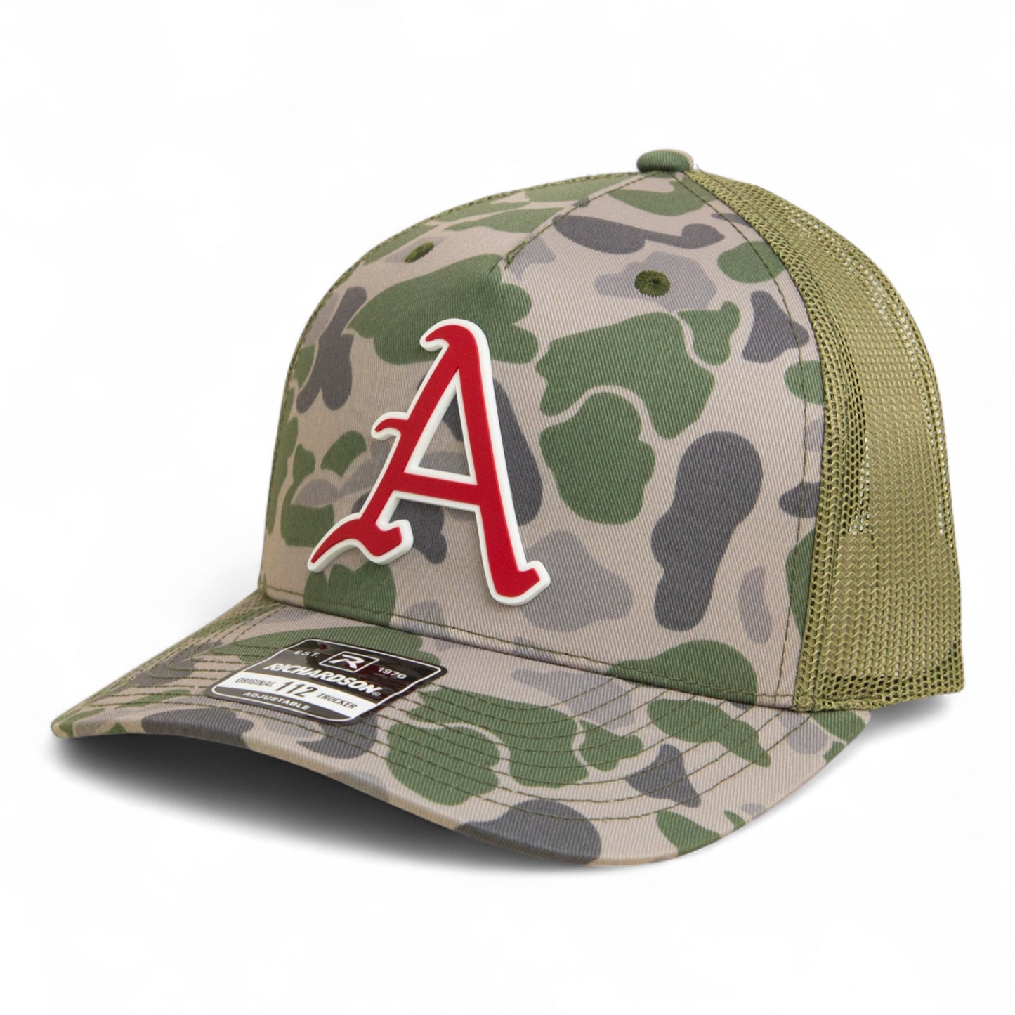 Arkansas Razorbacks Baseball Script A 2025 College World Series 3D Snapback Trucker Hat- Marsh Duck Camo/ Loden
