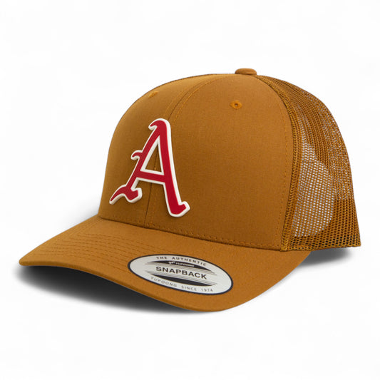 Arkansas Razorbacks Baseball Script A 2025 College World Series 3D YP Snapback Trucker Hat- Caramel