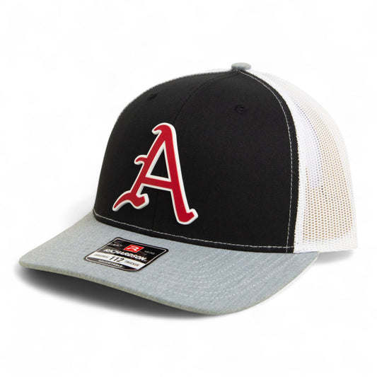 Arkansas Razorbacks Baseball Script A 3D Snapback Trucker Hat- Black/ White/ Heather Grey