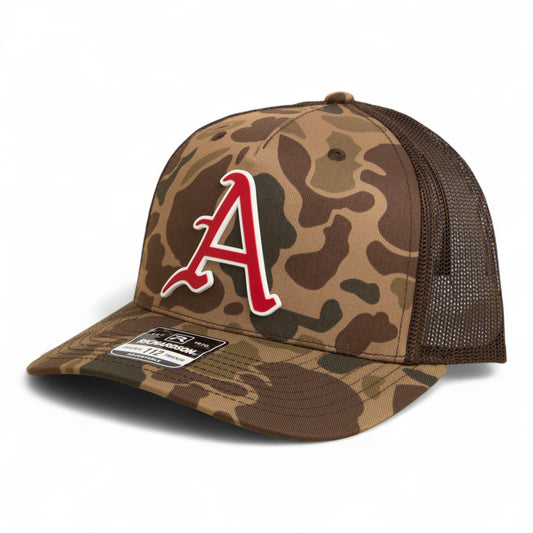 Arkansas Razorbacks Baseball Script A 2025 College World Series 3D Snapback Trucker Hat- Bark Duck Camo/ Brown