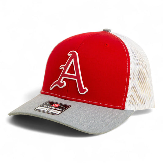 Arkansas Razorbacks Baseball Script A 3D Snapback Trucker Hat- Red/ White/ Heather Grey