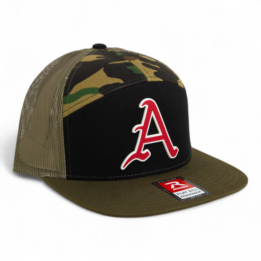 Arkansas Razorbacks Baseball Script A 3D Snapback Seven-Panel Flat Bill Trucker Hat- Black/ Camo/ Loden