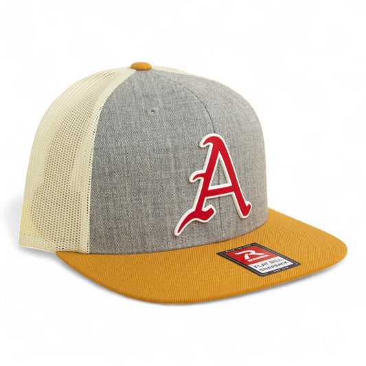 Arkansas Razorbacks Baseball Script A 3D Wool Blend Flat Bill Hat- Heather Grey/ Birch/ Biscuit