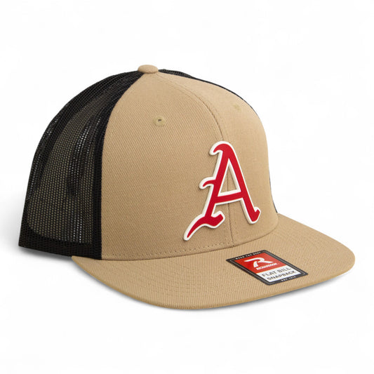 Arkansas Razorbacks Baseball Script A 3D Wool Blend Flat Bill Hat- Tan/ Black