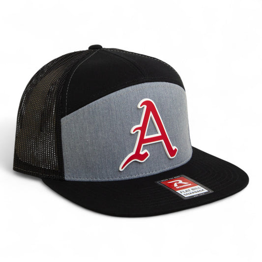 Arkansas Razorbacks Baseball Script A 3D Snapback Seven-Panel Flat Bill Trucker Hat- Heather Grey/ Black