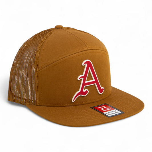 Arkansas Razorbacks Baseball Script A 3D Snapback Seven-Panel Flat Bill Trucker Hat- Caramel