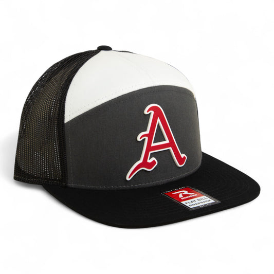 Arkansas Razorbacks Baseball Script A 3D Snapback Seven-Panel Flat Bill Trucker Hat- Charcoal/ White/ Black
