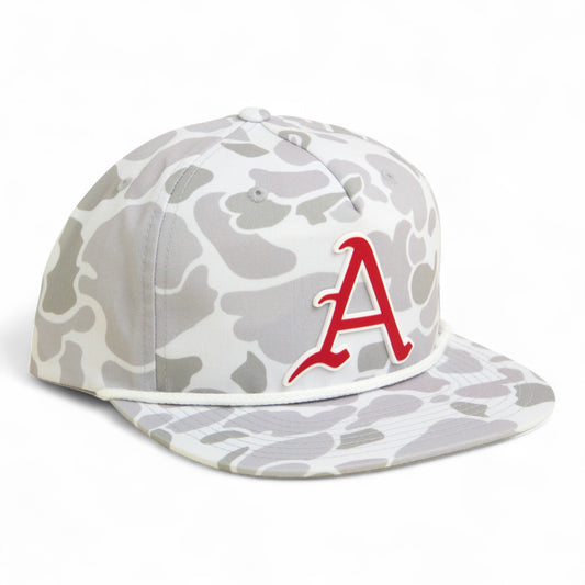 Arkansas Razorbacks Baseball Script A 3D Umpqua Rope Hat- Blizzard Duck Camo/ White