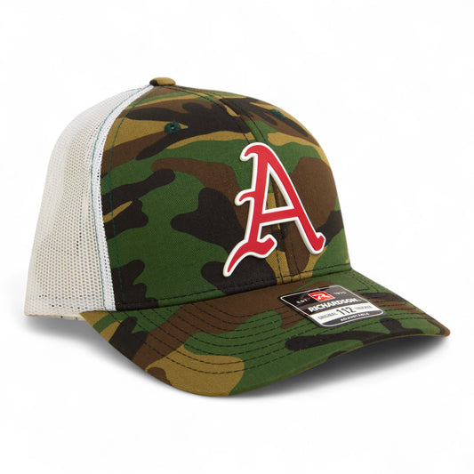 Arkansas Razorbacks Baseball Script A 3D Snapback Trucker Hat- Army Camo/ White