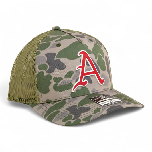 Arkansas Razorbacks Baseball Script A 3D Snapback Trucker Hat- Marsh Duck Camo/ Loden