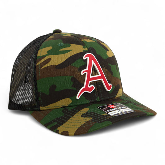 Arkansas Razorbacks Baseball Script A 3D Snapback Trucker Hat- Army Camo/ Black