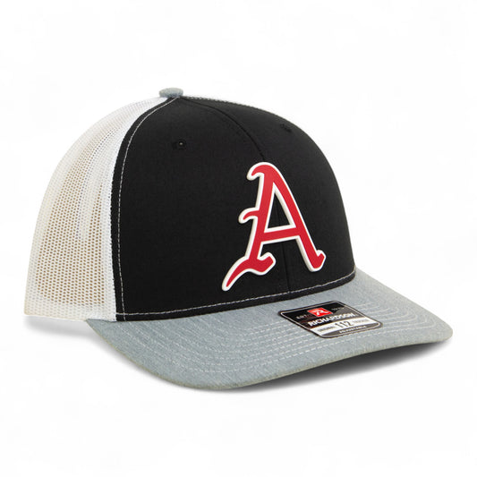 Arkansas Razorbacks Baseball Script A 3D Snapback Trucker Hat- Black/ White/ Heather Grey