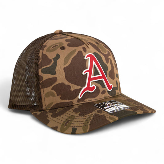 Arkansas Razorbacks Baseball Script A 3D Snapback Trucker Hat- Bark Duck Camo/ Brown