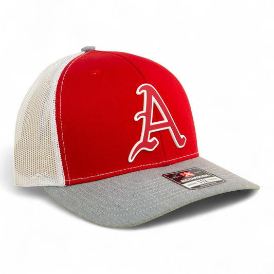 Arkansas Razorbacks Baseball Script A 3D Snapback Trucker Hat- Red/ White/ Heather Grey