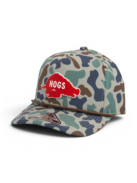Arkansas Razorbacks Retro HOGS Red 3D Duck Camo Rope Hat- Mallard