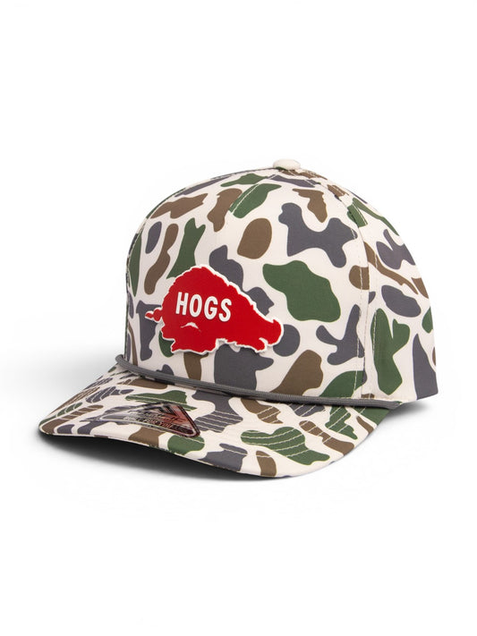 Arkansas Razorbacks Retro HOGS Red 3D Duck Camo Rope Hat- Timberline