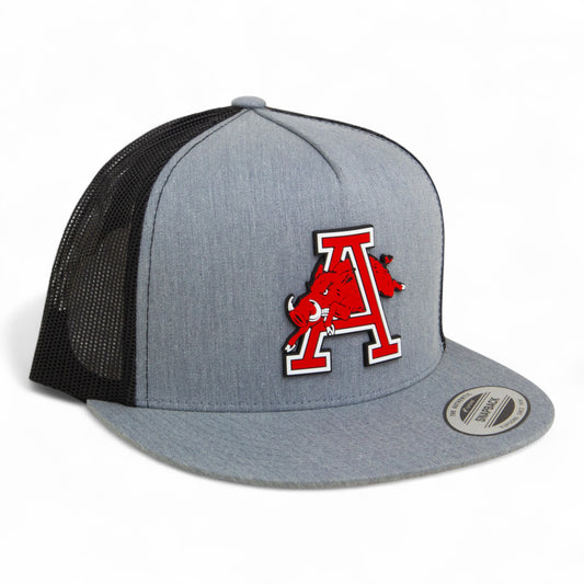 Arkansas Razorbacks Jumping Hog 3D YP Snapback Flat Bill Trucker Hat- Heather Grey/ Black