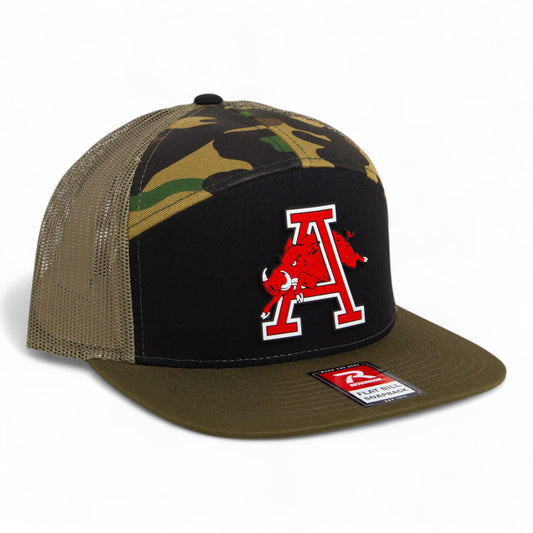 Arkansas Razorbacks Jumping Hog 3D Snapback Seven-Panel Flat Bill Trucker Hat- Black/ Camo/ Loden