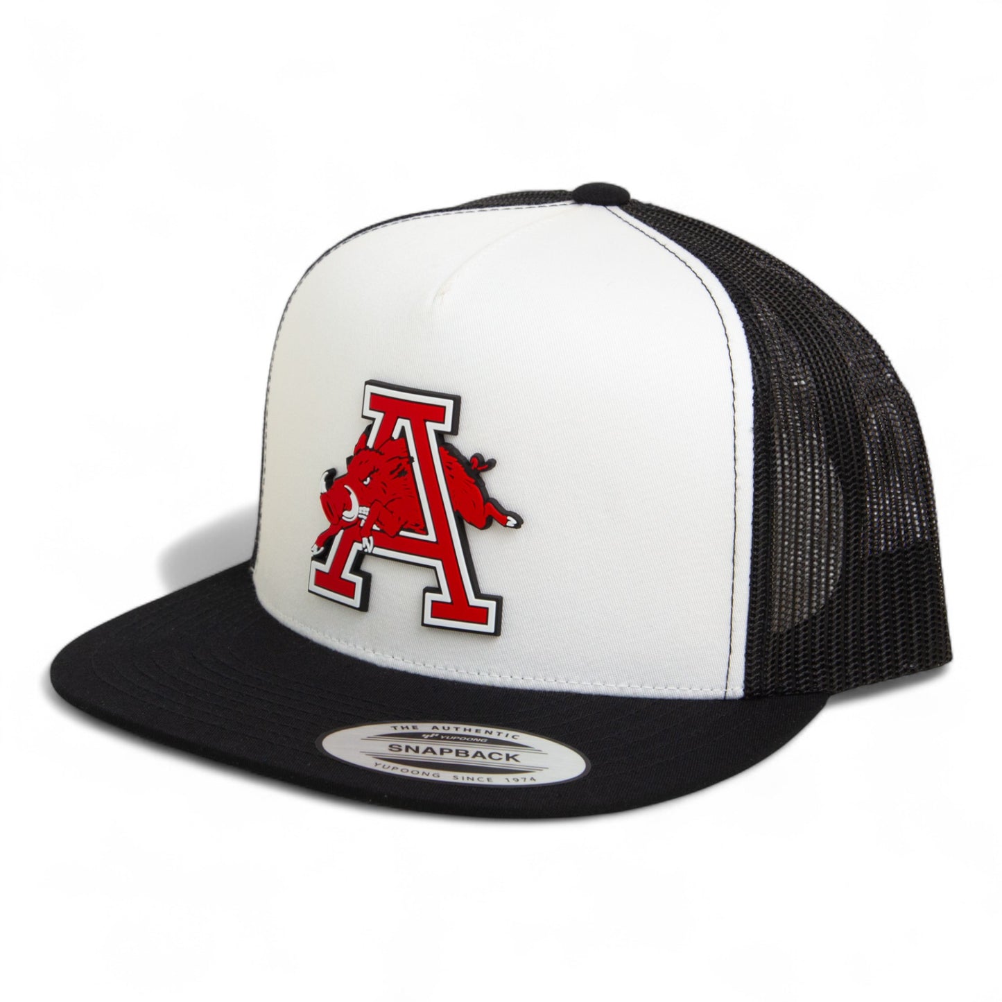 Arkansas Razorbacks Jumping Hog 3D YP Snapback Flat Bill Trucker Hat- White/ Black