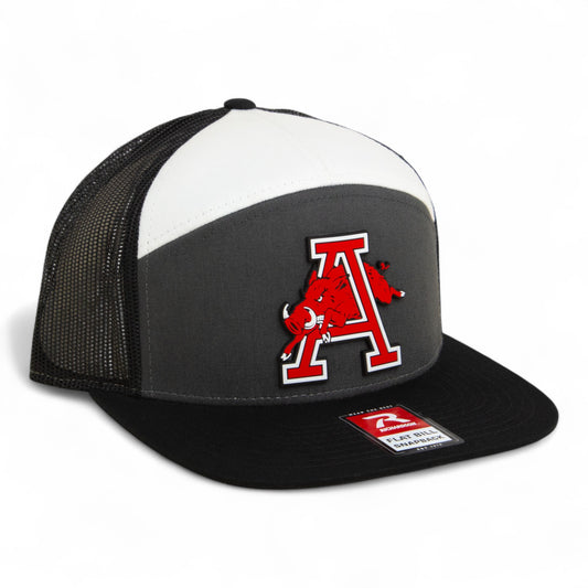 Arkansas Razorbacks Jumping Hog 3D Snapback Seven-Panel Flat Bill Trucker Hat- Charcoal/ Black/ White