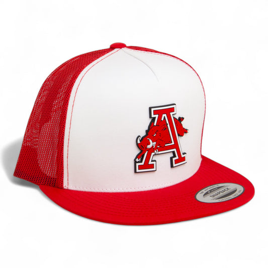 Arkansas Razorbacks Jumping Hog 3D YP Snapback Flat Bill Trucker Hat- White/ Red