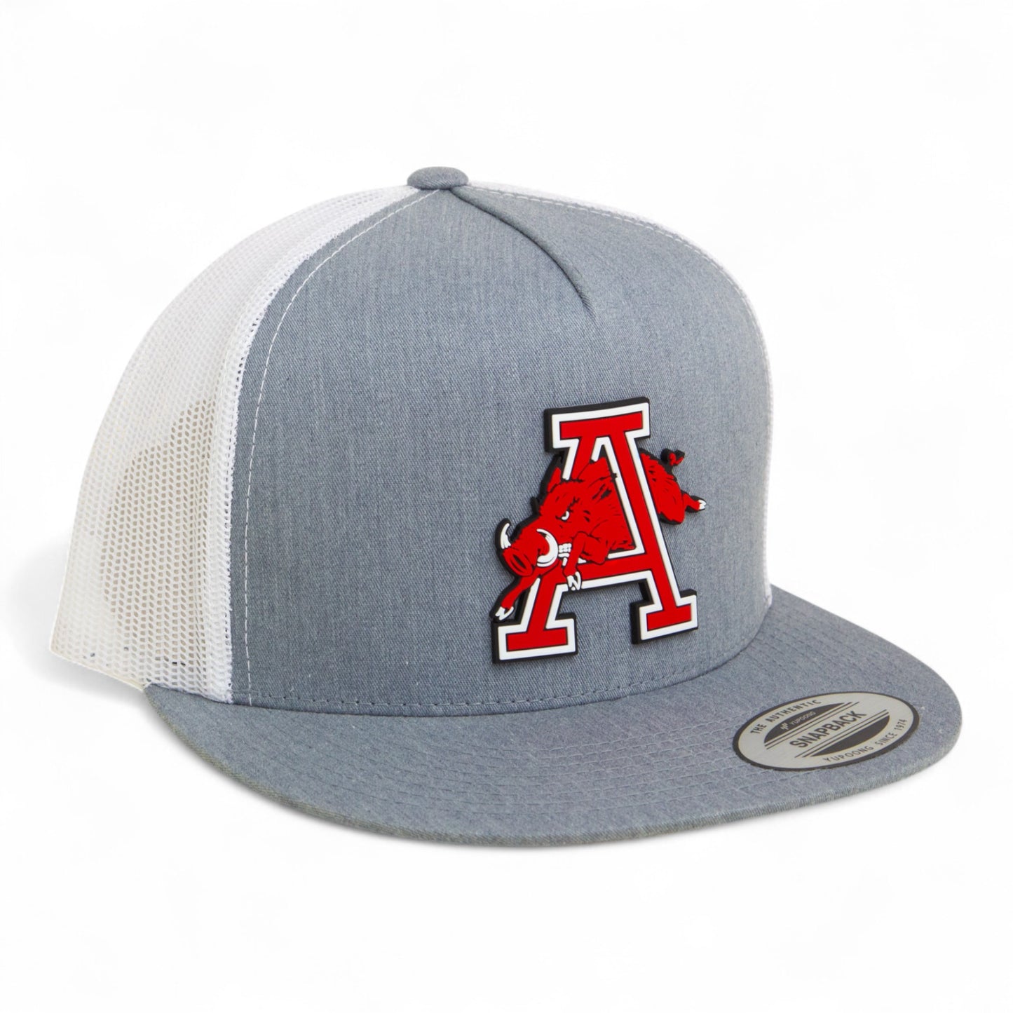Arkansas Razorbacks Jumping Hog 3D YP Snapback Flat Bill Trucker Hat- Heather Grey/ White