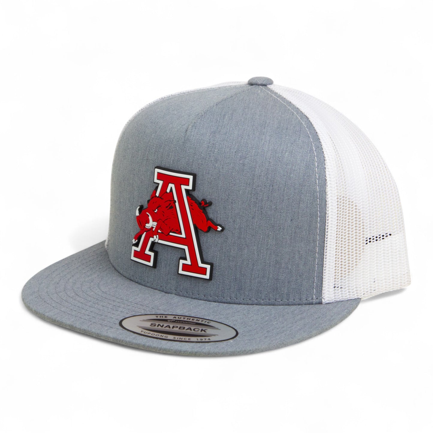 Arkansas Razorbacks Jumping Hog 3D YP Snapback Flat Bill Trucker Hat- Heather Grey/ White