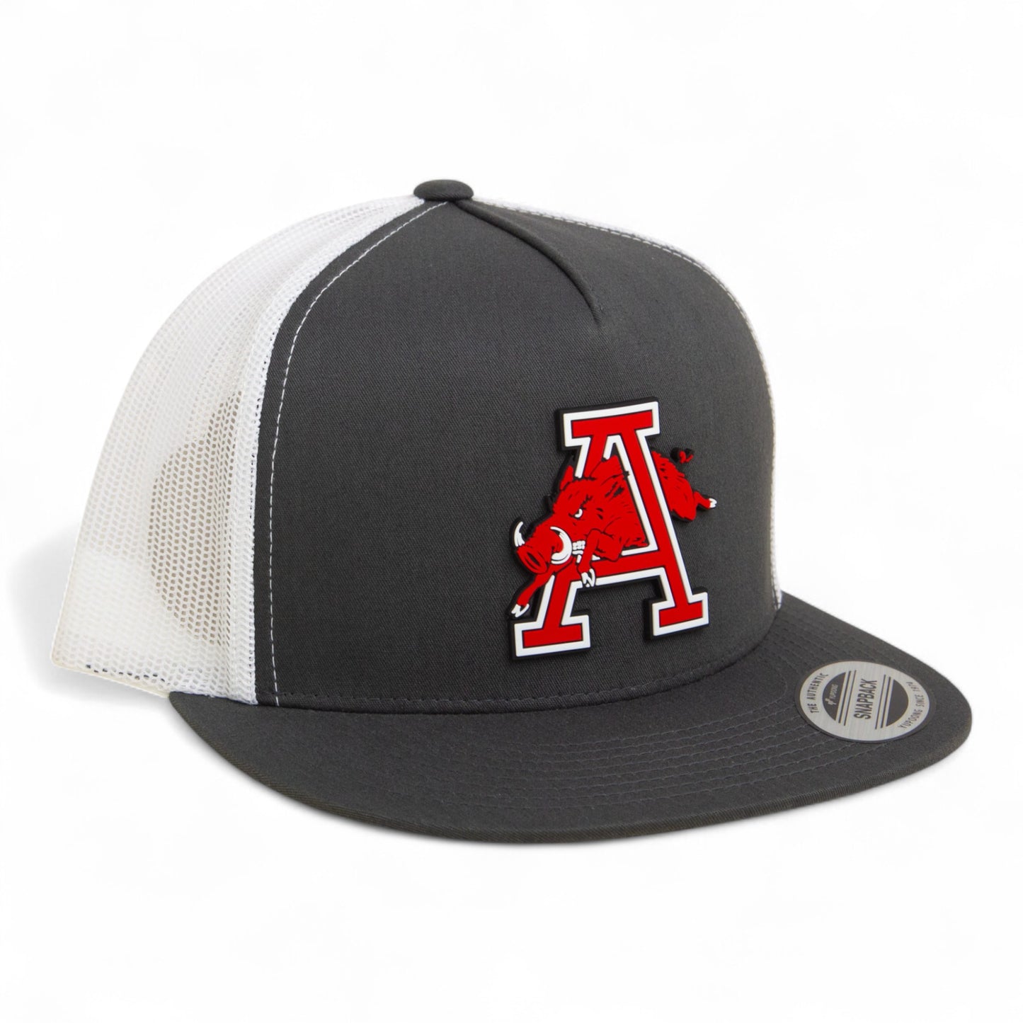 Arkansas Razorbacks Jumping Hog 3D YP Snapback Flat Bill Trucker Hat- Charcoal/ White
