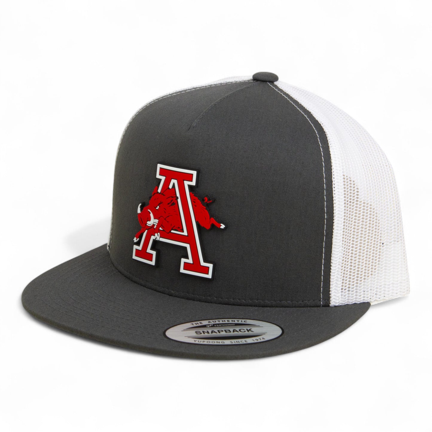 Arkansas Razorbacks Jumping Hog 3D YP Snapback Flat Bill Trucker Hat- Charcoal/ White
