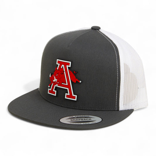 Arkansas Razorbacks Jumping Hog 3D YP Snapback Flat Bill Trucker Hat- Charcoal/ White